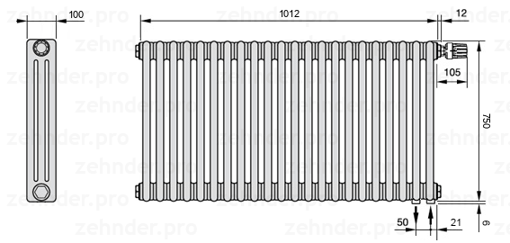 Схема (чертеж) Радиатор Zehnder Charleston 3075/22 №V002 Белый глянцевый RAL 9016